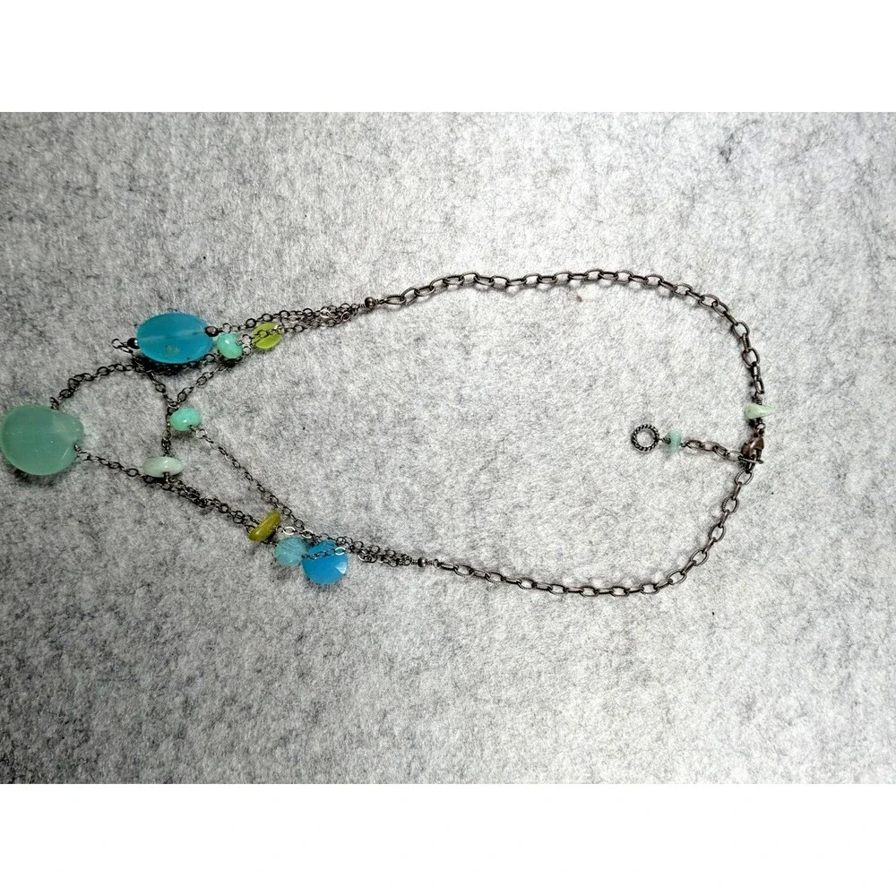 Vintage Y2K Boho Layered Chain Necklace Aqua Green Beads Artisan Statement